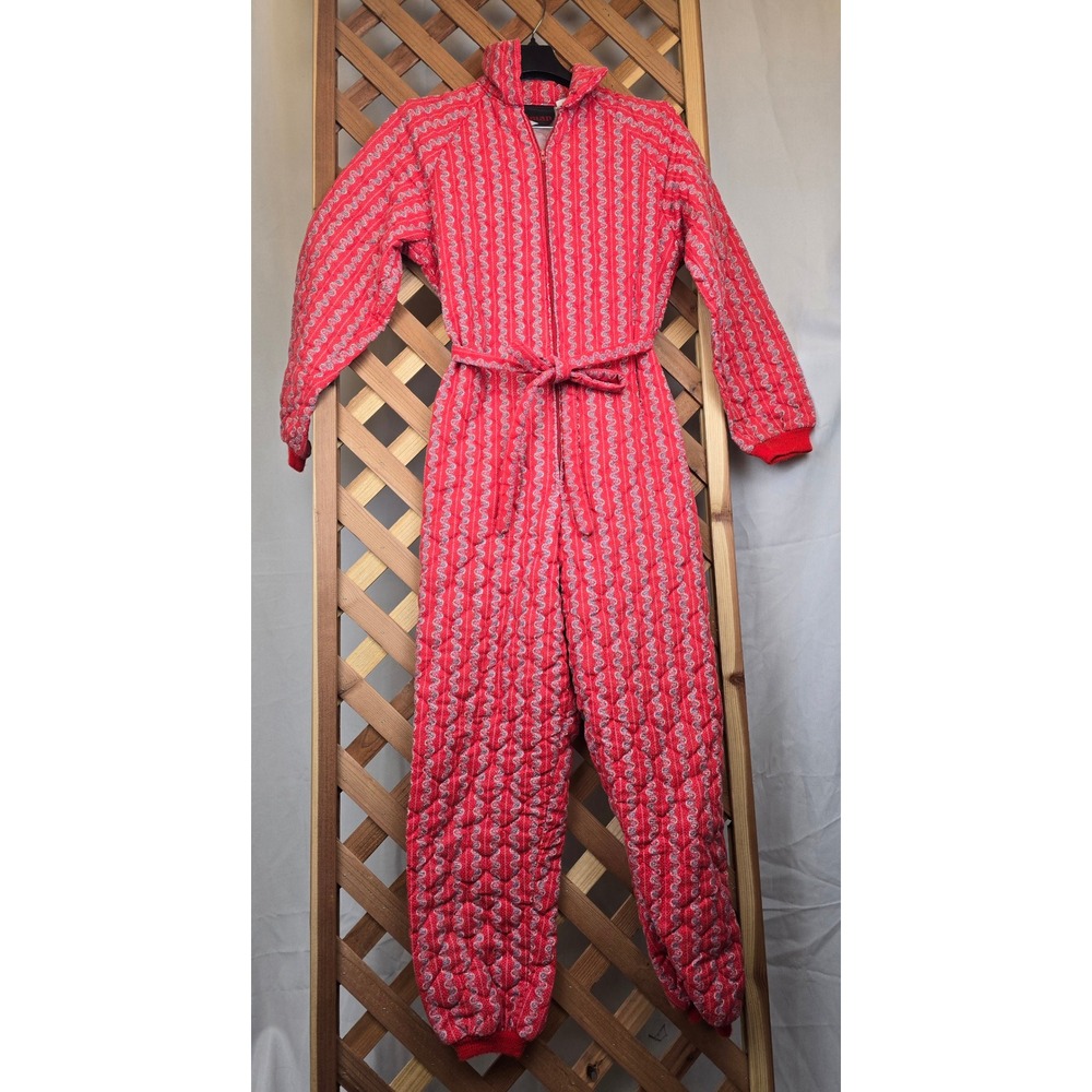 Vintage Wiman Red Floral Quilted Jumpsuit Romper Pajamas One Piece Tie Waist